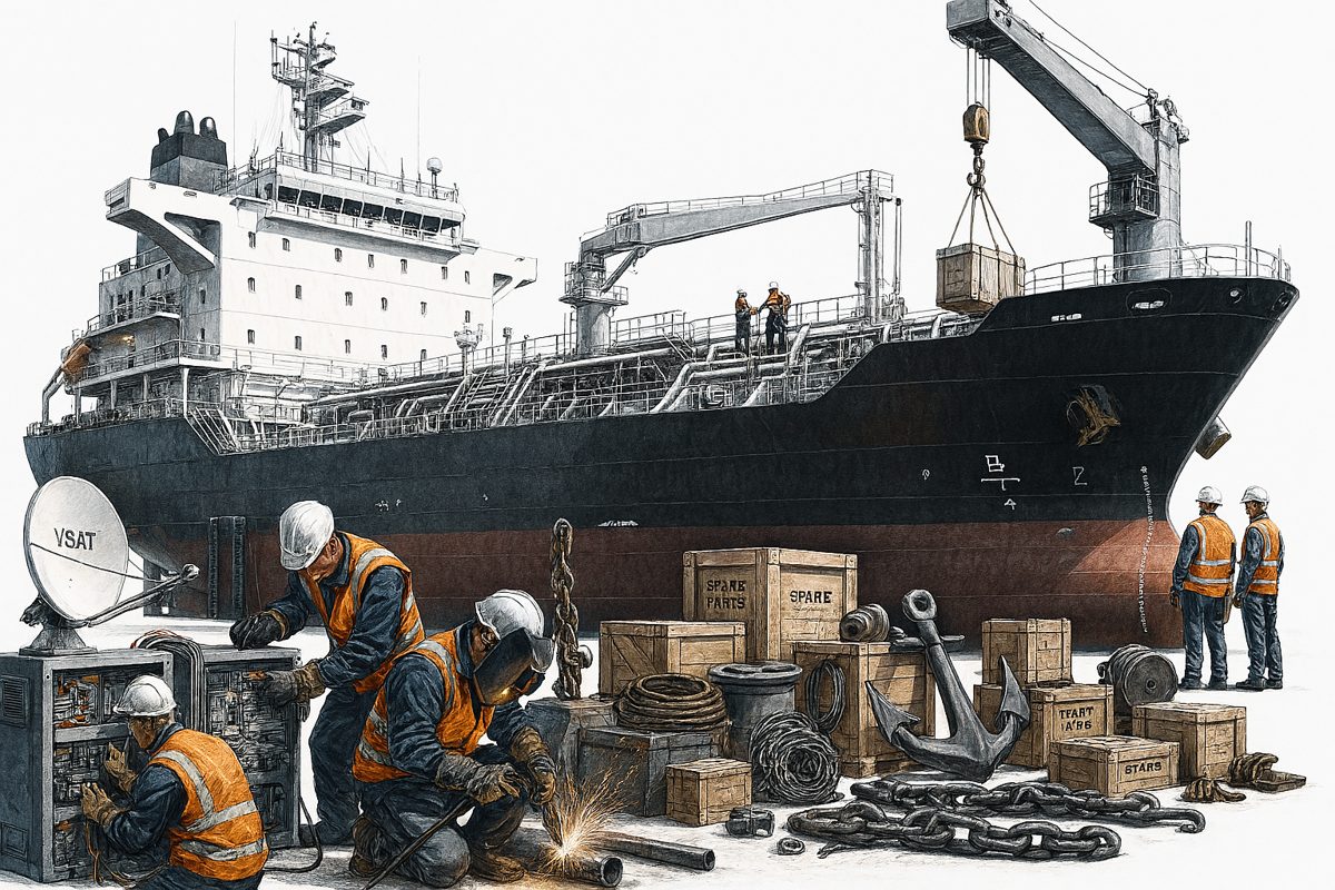 Global Dreams marine technicians working portside on vessel systems, equipment and stores