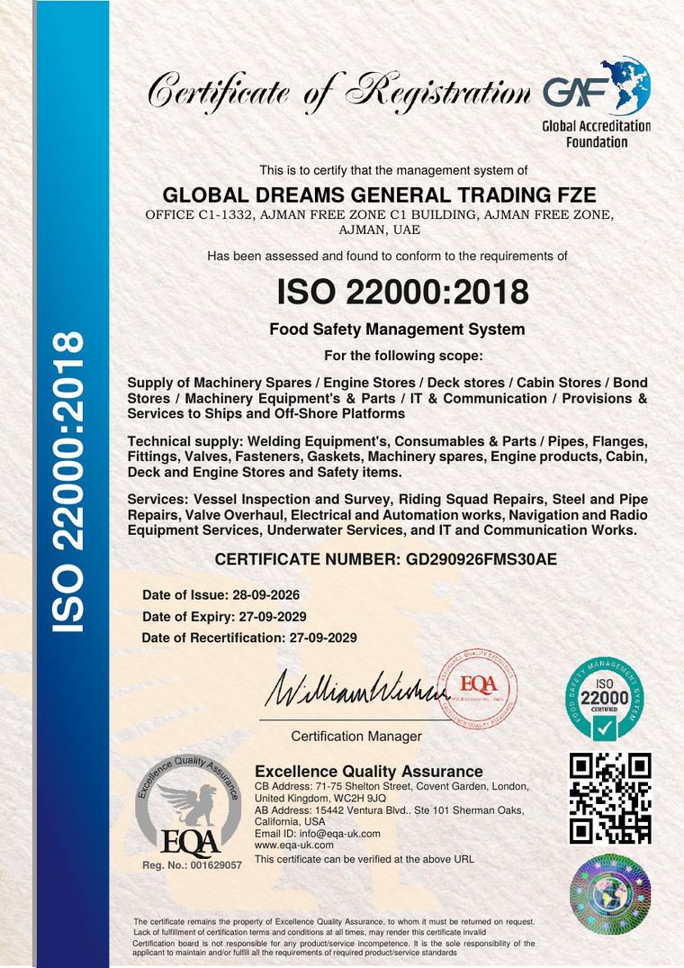 ISO 22000:2018 certificate &mdash; Global Dreams General Trading FZE